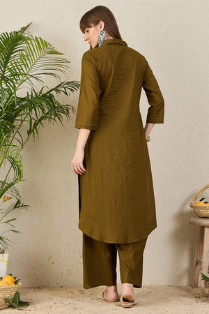 Olive Green Solid Cotton Kurti Pant Set (IDKS0OL11900)