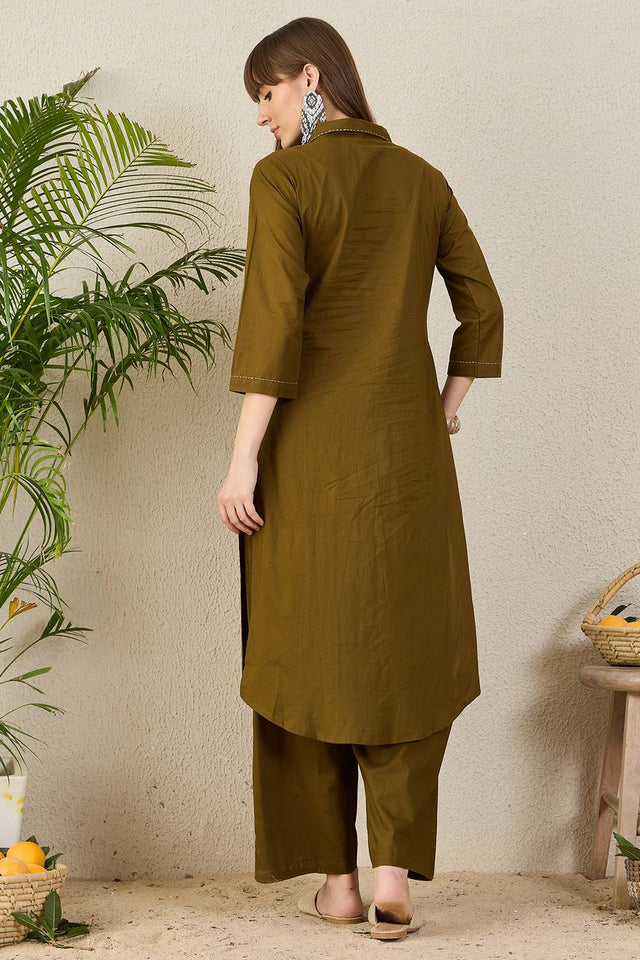 Olive Green Solid Cotton Kurti Pant Set (IDKS0OL11900)