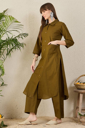 Olive Green Solid Cotton Kurti Pant Set (IDKS0OL11900)
