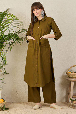 Olive Green Solid Cotton Kurti Pant Set (IDKS0OL11900)