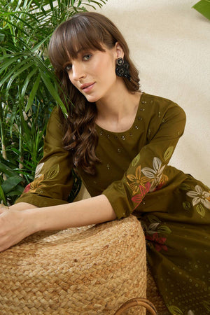 Olive Green Embroidered Cotton Kurti Pant Set (IDKS0OL12180)