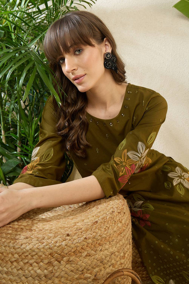 Olive Green Embroidered Cotton Kurti Pant Set (IDKS0OL12180)