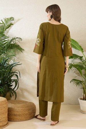 Olive Green Embroidered Cotton Kurti Pant Set (IDKS0OL12180)