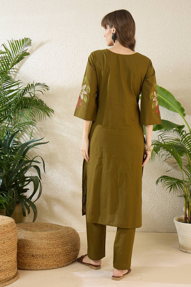 Olive Green Embroidered Cotton Kurti Pant Set (IDKS0OL12180)