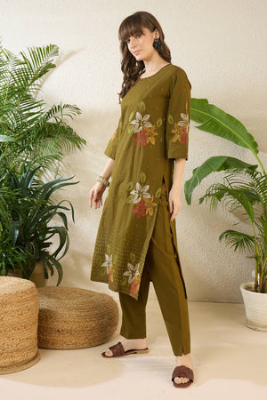 Olive Green Embroidered Cotton Kurti Pant Set (IDKS0OL12180)