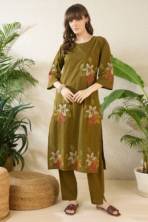 Olive Green Embroidered Cotton Kurti Pant Set (IDKS0OL12180)