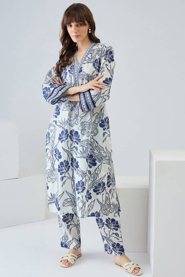 Off White Floral Printed Cotton Kurti Pant Set (IDKS0OW12469)