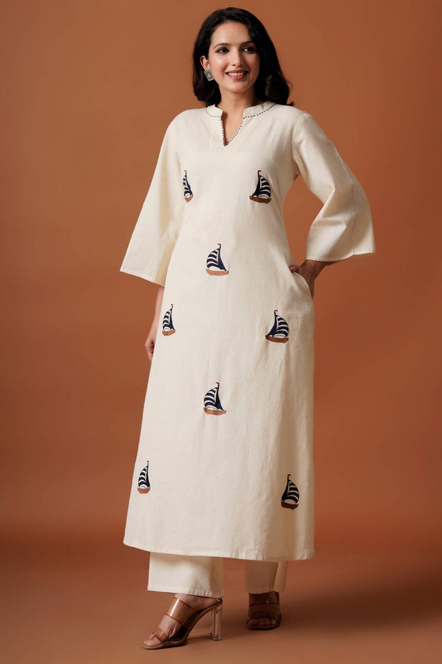 Off White Embroidered Cotton Kurti Pant Set (IDKS0OW12479)