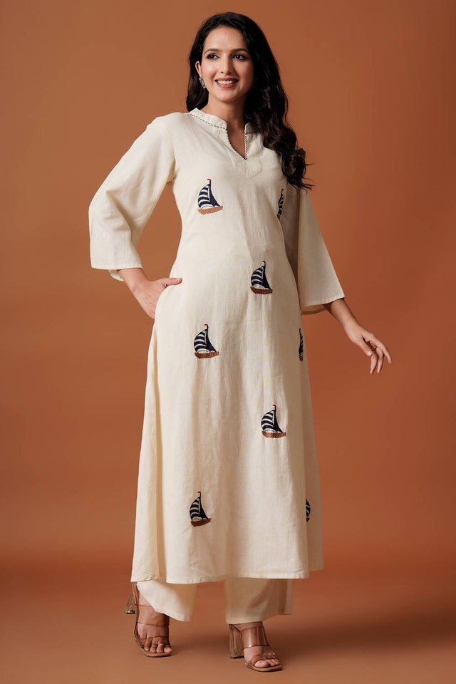 Off White Embroidered Cotton Kurti Pant Set (IDKS0OW12479)