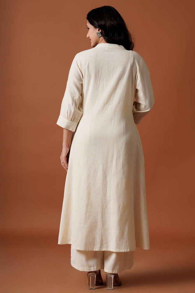 Off White Embroidered Cotton Kurti Pant Set (IDKS0OW12481)