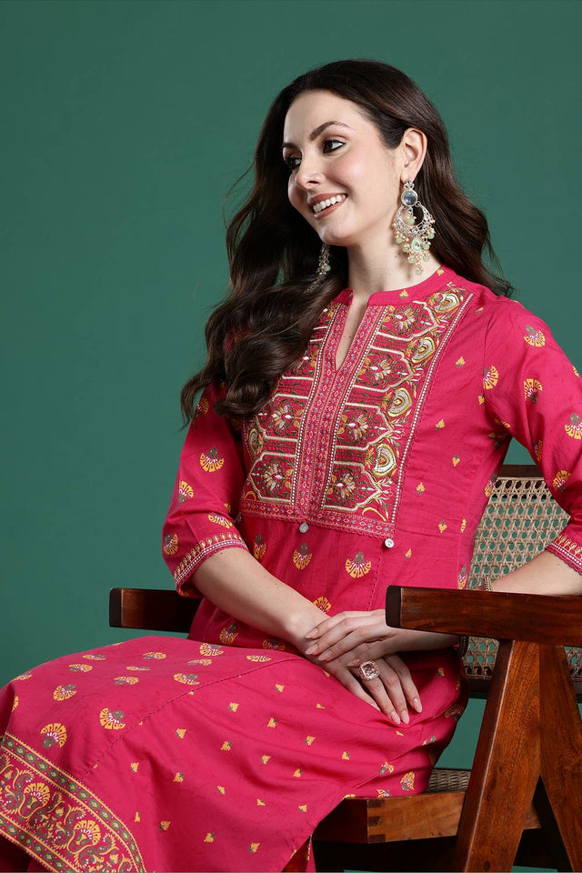 Pink Embroidered Cotton Kurti Pant Set (IDKS0PK11169)