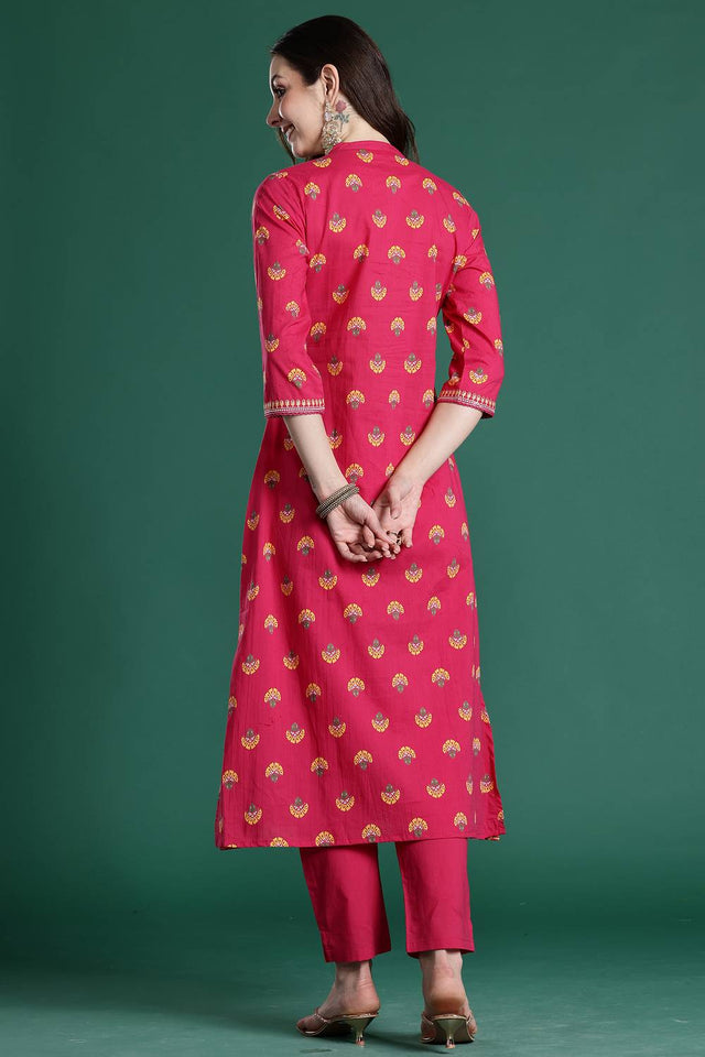 Pink Embroidered Cotton Kurti Pant Set (IDKS0PK11169)