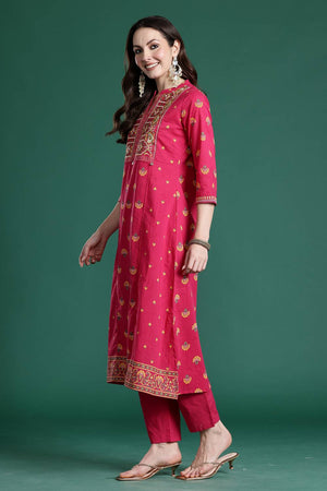 Pink Embroidered Cotton Kurti Pant Set (IDKS0PK11169)