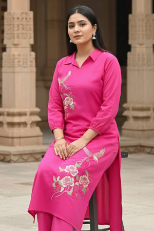 Pink Floral Embroidered Cotton Kurti Pant Set (IDKS0PK11945)