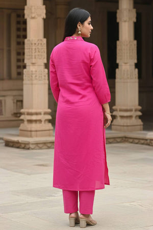 Pink Floral Embroidered Cotton Kurti Pant Set (IDKS0PK11945)