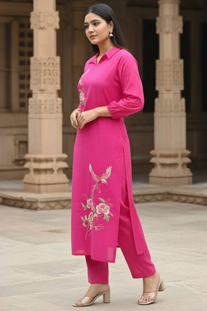 Pink Floral Embroidered Cotton Kurti Pant Set (IDKS0PK11945)