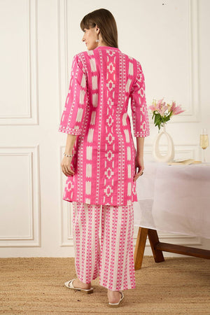 Pink Printed Cotton Kurti Pant Set (IDKS0PK12161)