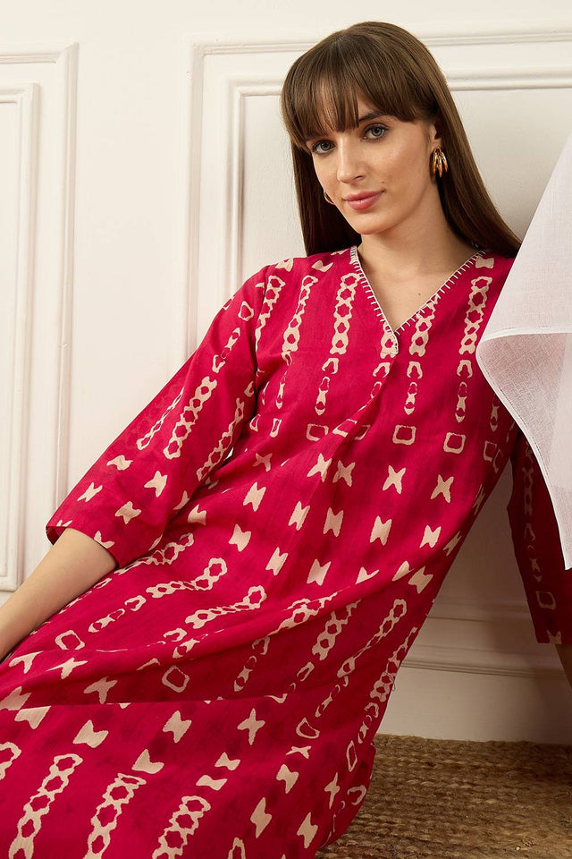 Pink Printed Cotton Kurti Pant Set (IDKS0PK12346)
