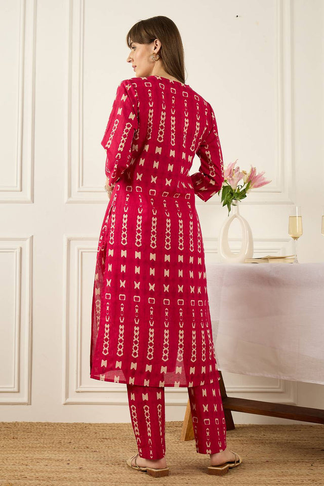 Pink Printed Cotton Kurti Pant Set (IDKS0PK12346)