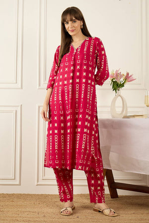 Pink Printed Cotton Kurti Pant Set (IDKS0PK12346)