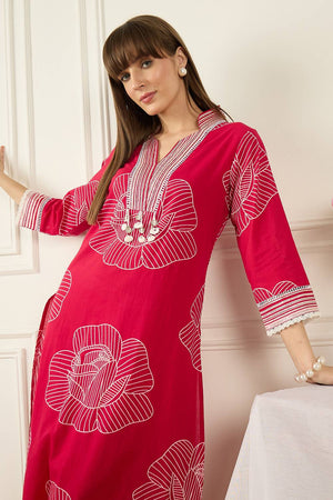Pink Floral Printed Cotton Kurti Pant Set (IDKS0PK12363)