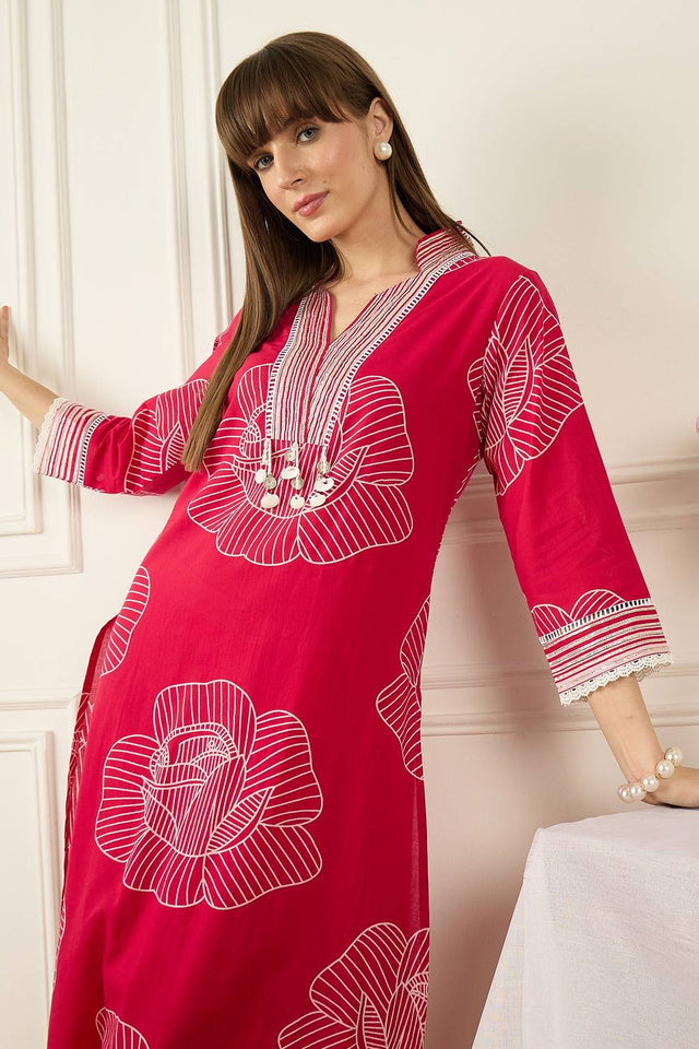 Pink Floral Printed Cotton Kurti Pant Set (IDKS0PK12363)
