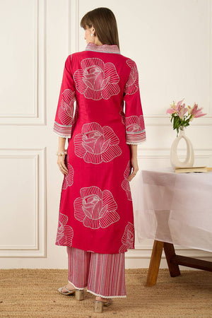 Pink Floral Printed Cotton Kurti Pant Set (IDKS0PK12363)
