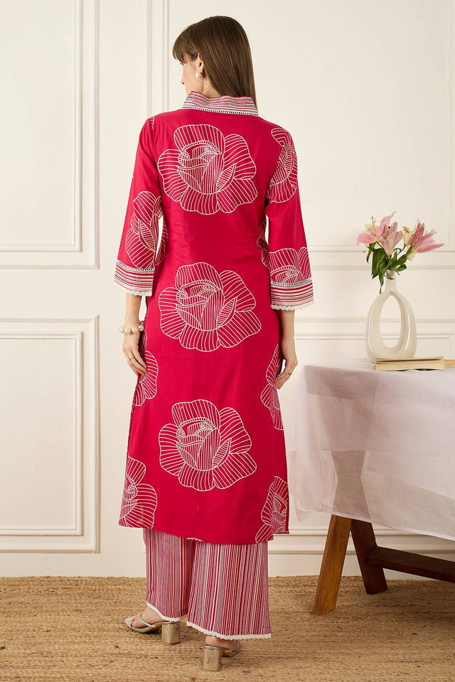 Pink Floral Printed Cotton Kurti Pant Set (IDKS0PK12363)