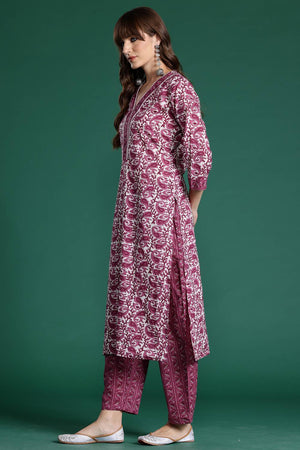 Violet Printed Cotton Kurti Pant Set (IDKS0PR10467)