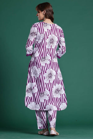 Violet Floral Printed Cotton Kurti Pant Set (IDKS0PR11028)