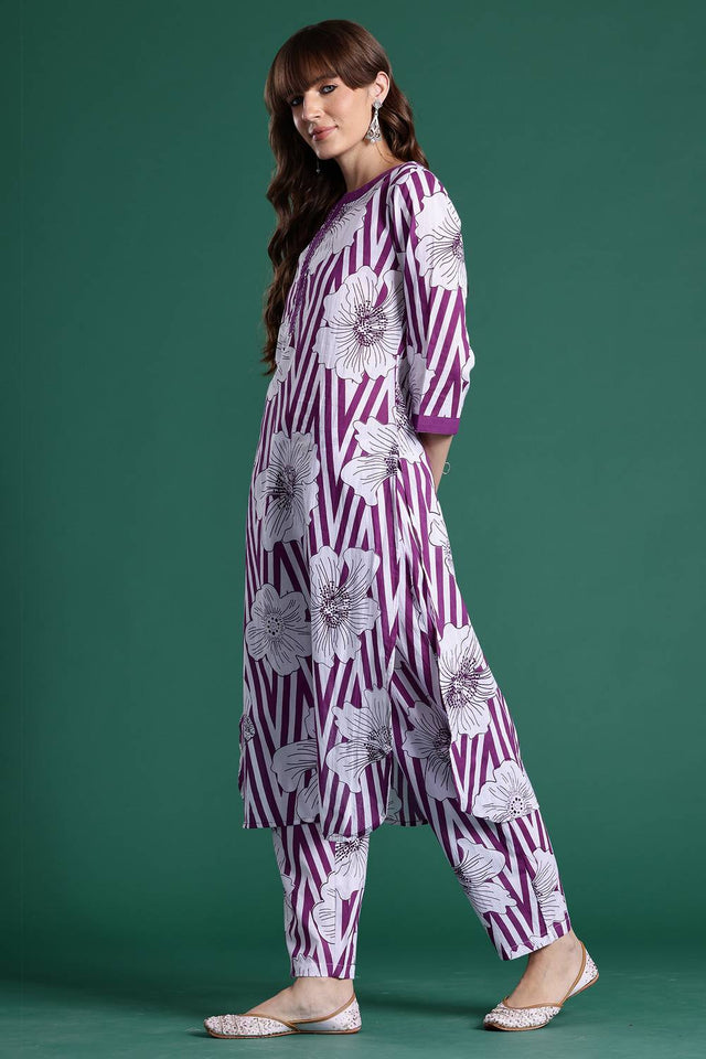Violet Floral Printed Cotton Kurti Pant Set (IDKS0PR11028)