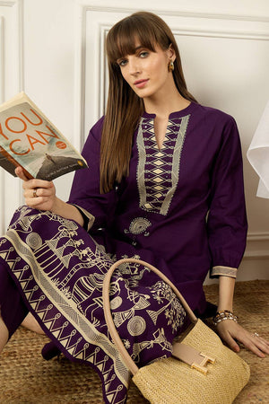 Violet Printed Cotton Kurti Pant Set (IDKS0PR11853)