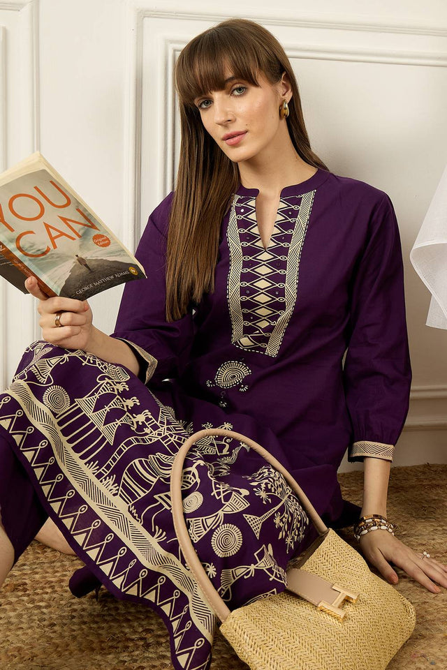 Violet Printed Cotton Kurti Pant Set (IDKS0PR11853)