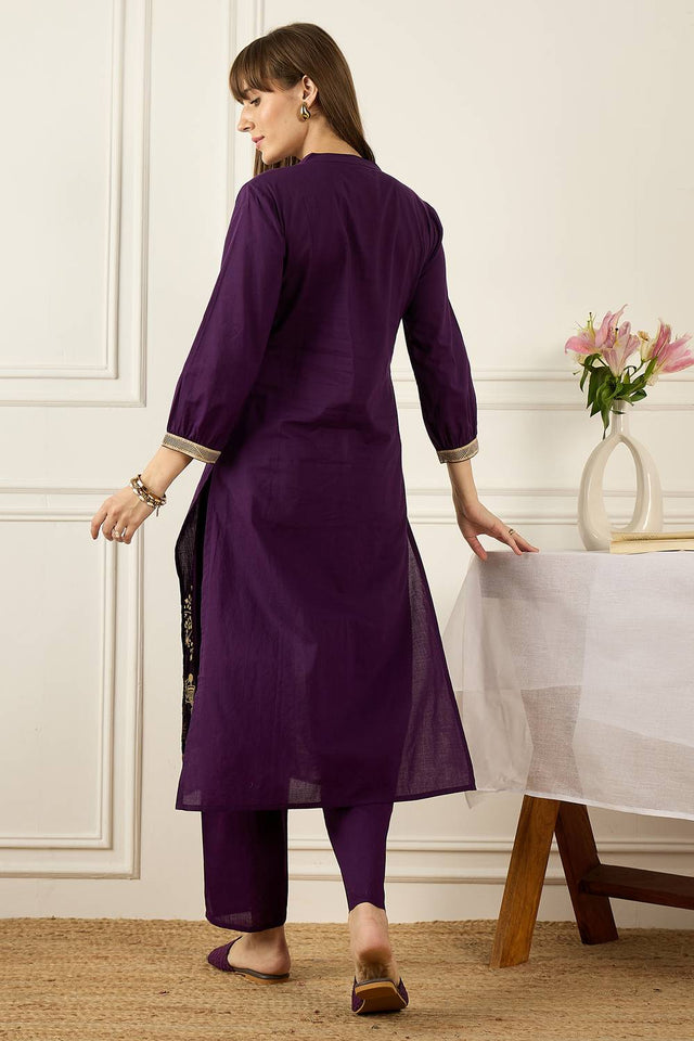 Violet Printed Cotton Kurti Pant Set (IDKS0PR11853)