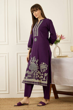 Violet Printed Cotton Kurti Pant Set (IDKS0PR11853)