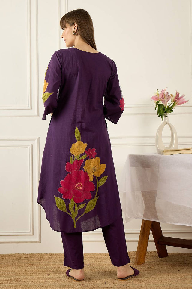 Violet Floral Printed Cotton Kurti Pant Set (IDKS0PR12165)
