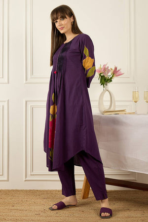 Violet Floral Printed Cotton Kurti Pant Set (IDKS0PR12165)