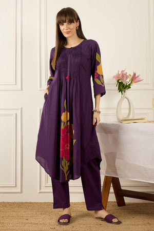 Violet Floral Printed Cotton Kurti Pant Set (IDKS0PR12165)