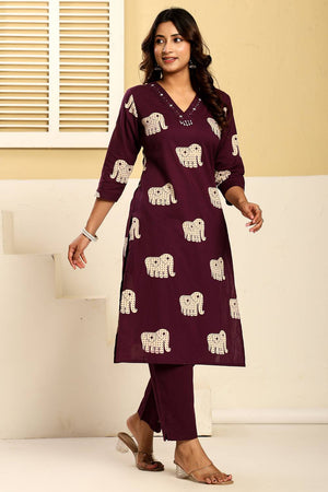 Violet Printed Cotton Kurti Pant Set (IDKS0PR12510)