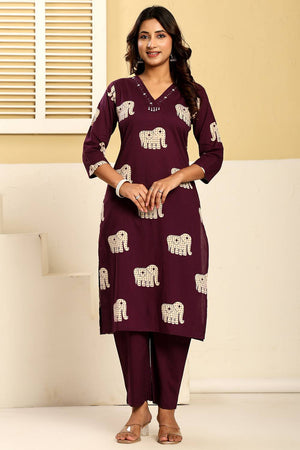 Violet Printed Cotton Kurti Pant Set (IDKS0PR12510)
