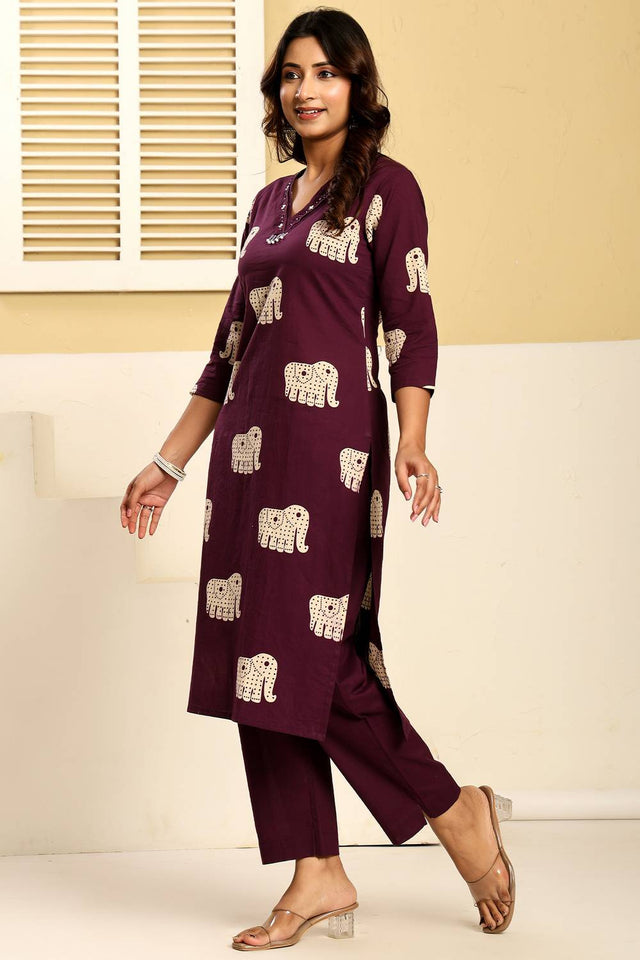 Violet Printed Cotton Kurti Pant Set (IDKS0PR12510)
