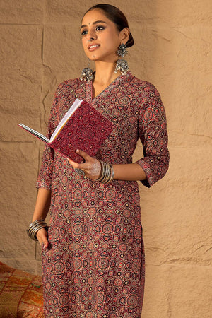 Red Printed Cotton Kurti Pant Set (IDKS0RD10784)