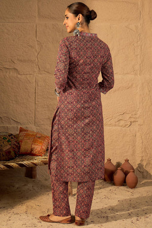 Red Printed Cotton Kurti Pant Set (IDKS0RD10784)