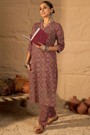 Red Printed Cotton Kurti Pant Set (IDKS0RD10784)