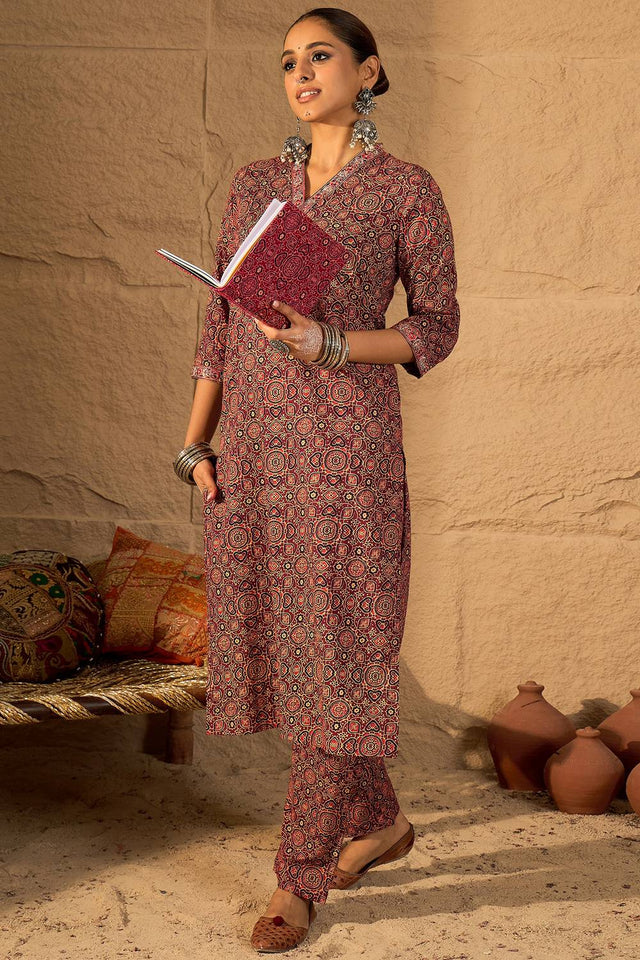 Red Printed Cotton Kurti Pant Set (IDKS0RD10784)