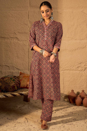 Red Printed Cotton Kurti Pant Set (IDKS0RD10784)