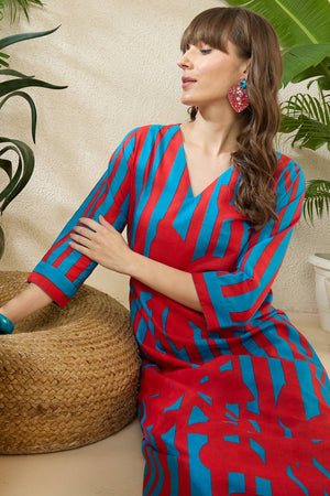 Red Printed Cotton Kurti Pant Set (IDKS0RD11727)