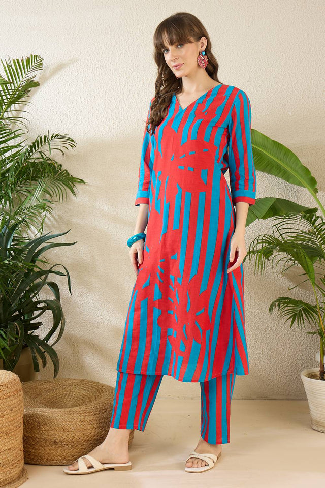 Red Printed Cotton Kurti Pant Set (IDKS0RD11727)
