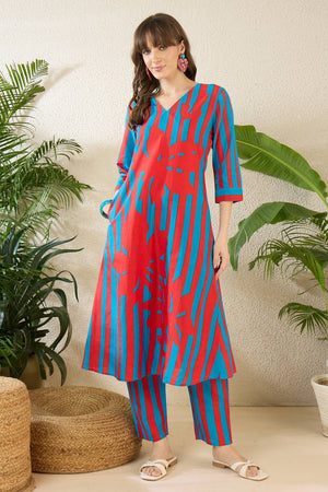 Red Printed Cotton Kurti Pant Set (IDKS0RD11727)