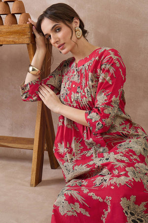Red Floral Printed Cotton Kurti Pant Set (IDKS0RD12488)